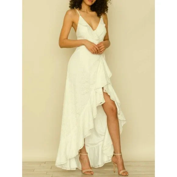 Yumi Kim Meadow Maxi Ivory Lace Belted Wrap V-Neck Crochet Long Midi Dress  Gown